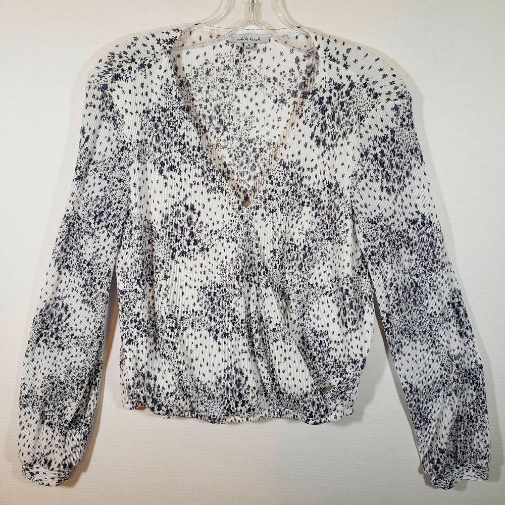 White Birch Top Blouse Crepe Faux Wrap Sz S White Black Stretch
